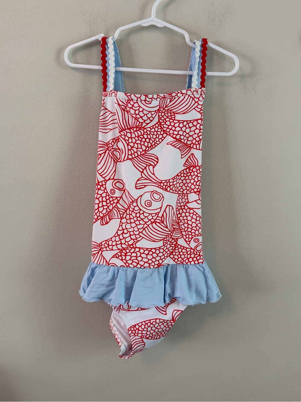 The Beaufort Bonnet x Dorothy Draper Red Fish Print Ruffle One-Piece Swimsuit - Picture 1 of 4